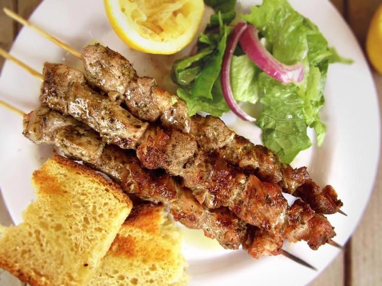 Greek-Pork-Souvlaki-On-Wooden-Skewers